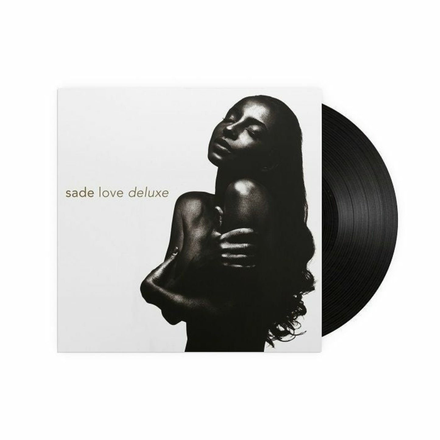 Sade Love Deluxe vinyl record front cover. A minimalist design featuring Sade Adu's portrait in black and white. The album title "Love Deluxe" is prominently displayed below