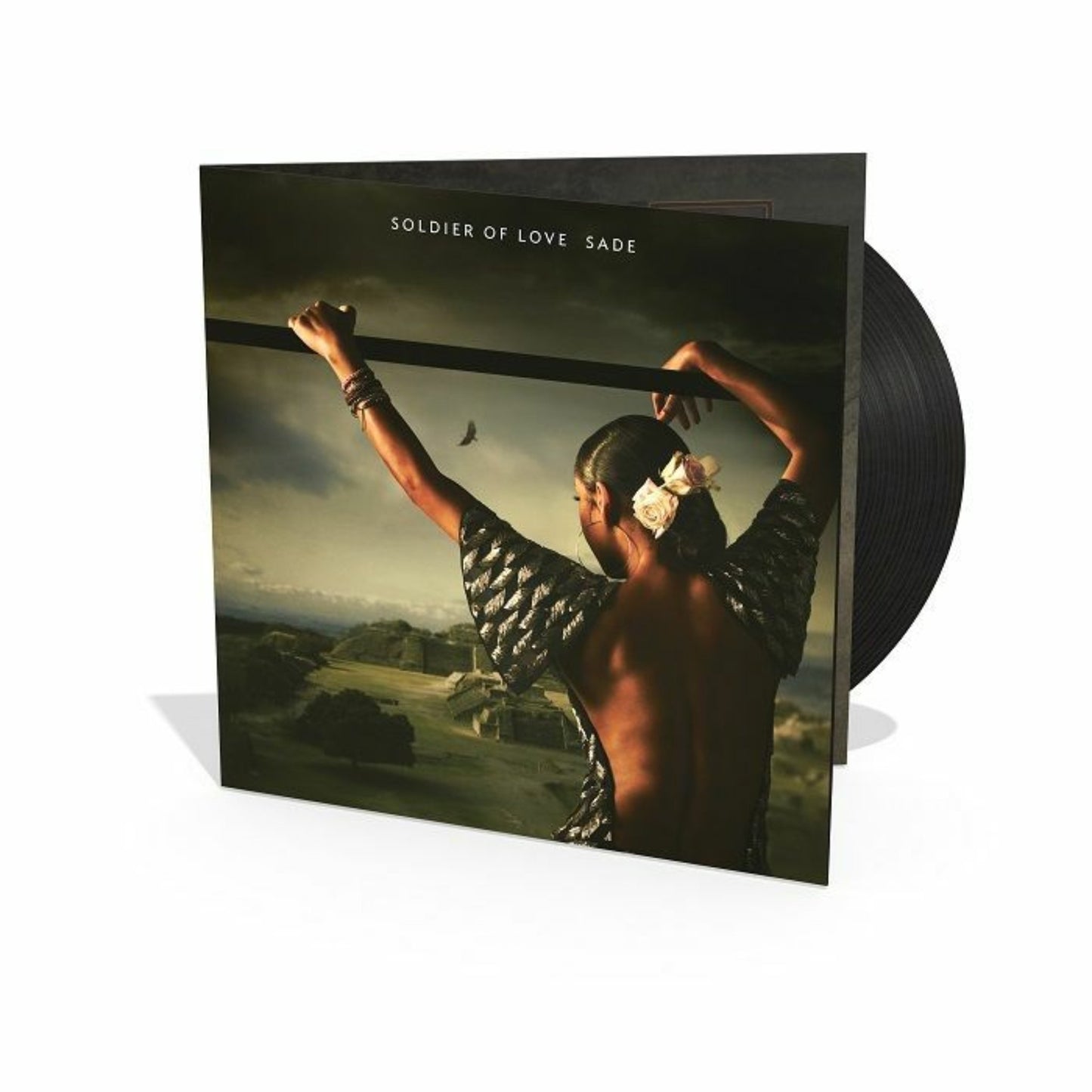 Sade Soldier of Love vinyl record front cover. A captivating image featuring Sade Adu standing against a dramatic landscape with birds flying overhead. The album title is prominently displayed in elegant typography