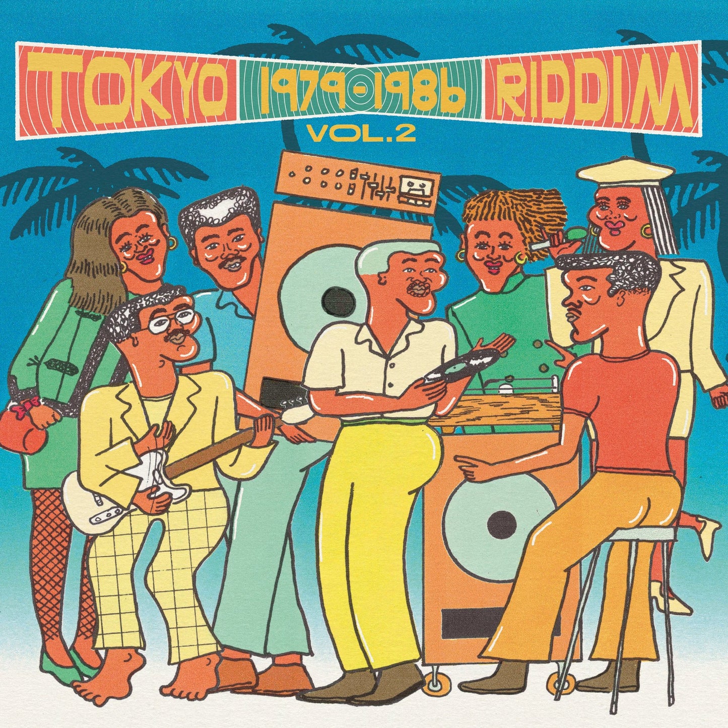 Tokyo Riddim 1976-1985 Vol. 2 vinyl record front cover. A colorful and vibrant illustration featuring a group of people enjoying music, with a record player, speakers, and instruments visible. The album title and year range are prominently displayed.