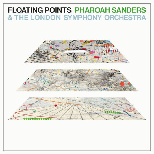 Front cover of "Promises" marbled vinyl edition by Floating Points, Pharoah Sanders, and the London Symphony Orchestra, featuring elegant design.