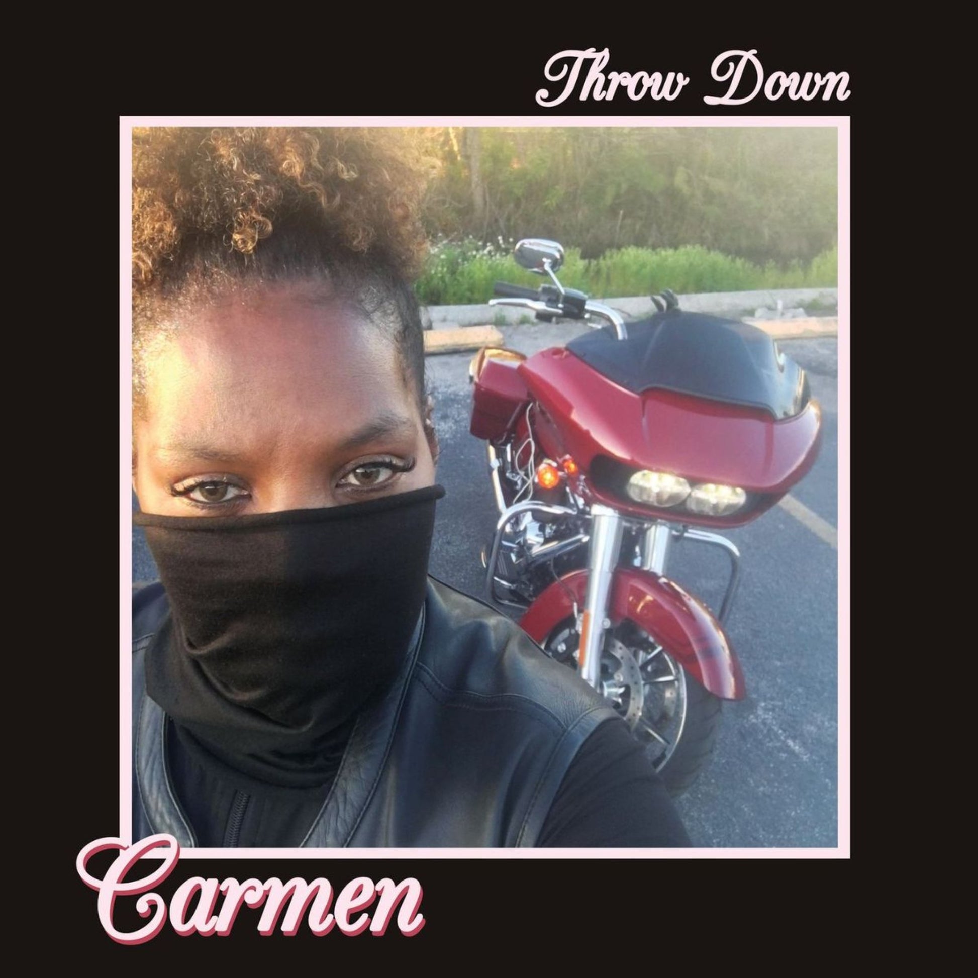 Carmen Throw Down / Time To Move vinyl record front cover. A classic electro-funk album cover featuring Women's face covering with mask and motobike and the album title. Includes the tracks "Throw Down" and "Time To Move."