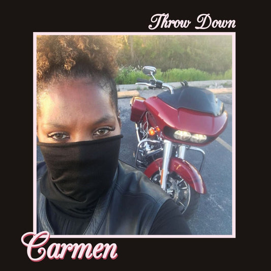 Carmen Throw Down / Time To Move vinyl record front cover. A classic electro-funk album cover featuring Women's face covering with mask and motobike and the album title. Includes the tracks "Throw Down" and "Time To Move."