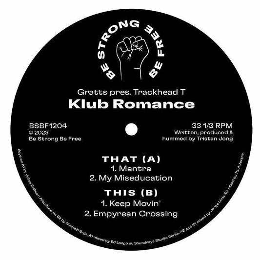 Gratts Pres. Trackhead T - Klub Romance EP Be Strong Be Free BSBF1204 Vinyl, tech house, deep house, house music, Gratts, electronic music