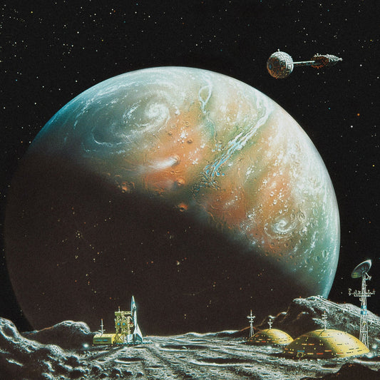 Vintage science fiction vinyl album cover showcasing a space station orbiting a vibrant planet. The cover depicts a lunar base with futuristic technology, including a rocket launchpad.