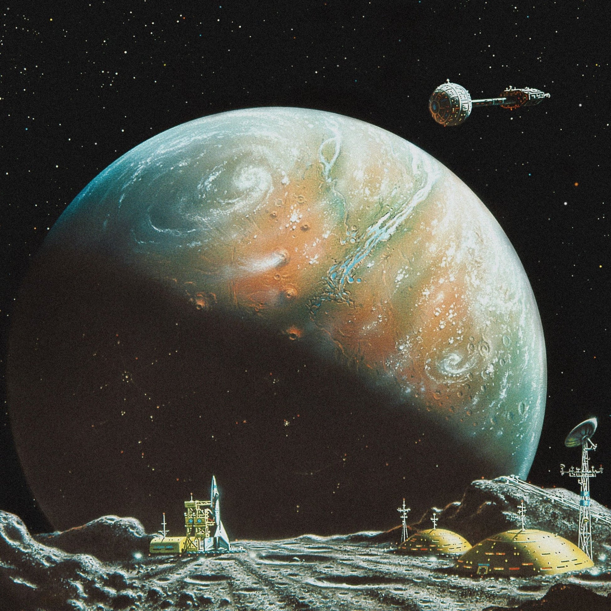 Vintage science fiction vinyl album cover showcasing a space station orbiting a vibrant planet. The cover depicts a lunar base with futuristic technology, including a rocket launchpad.