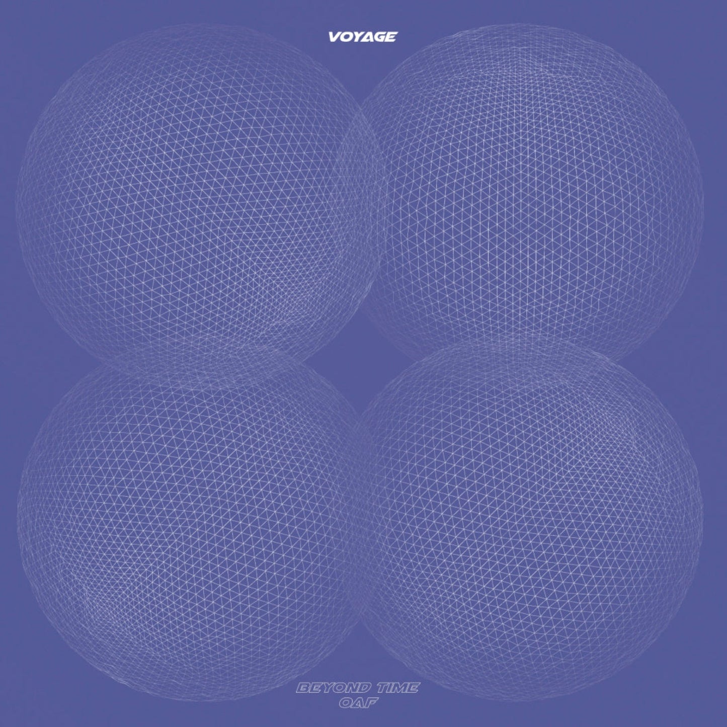 Voyage Beyond Time / OAF vinyl record front cover. A minimalist design featuring four overlapping spheres in white against a blue background. The album title and artist information are included