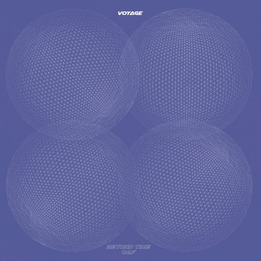 Voyage Beyond Time / OAF vinyl record front cover. A minimalist design featuring four overlapping spheres in white against a blue background. The album title and artist information are included