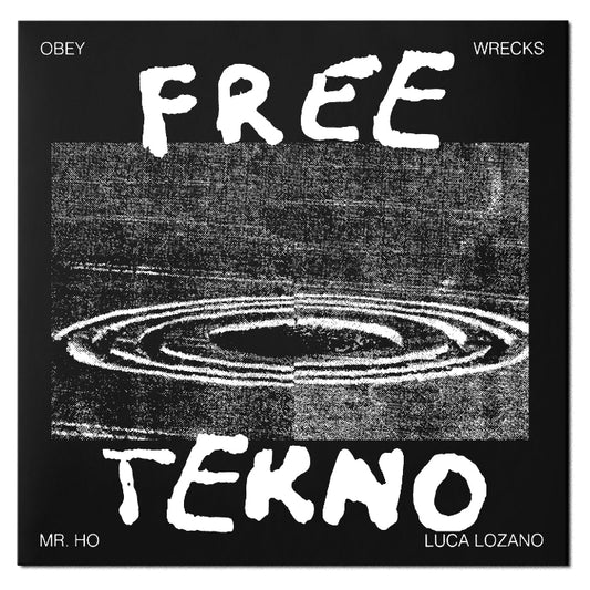 Luca Lozano + Mr. Ho Free Tekno vinyl record cover art. Black and white artwork featuring the word "FREE" in large, handwritten style above an image of water ripples. The text "TEKNO" is displayed below, along with artist names and labels.