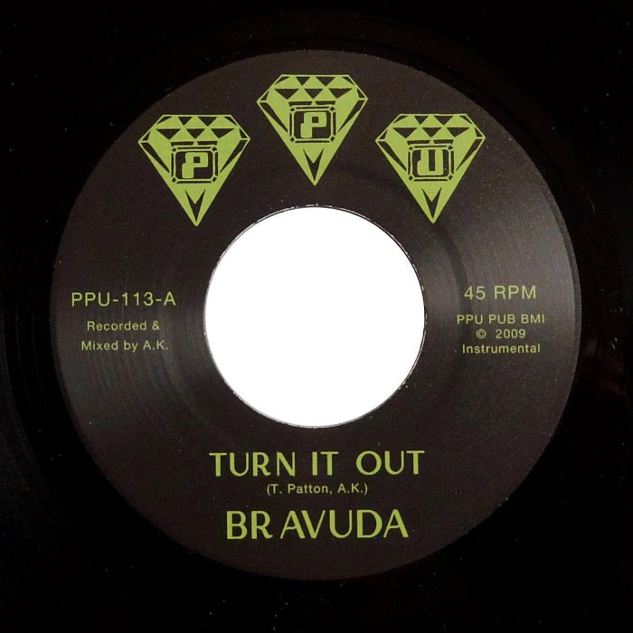 Bravuda - Turn It Out 1984 7" vinyl record cover art. Boogie soul funk single.