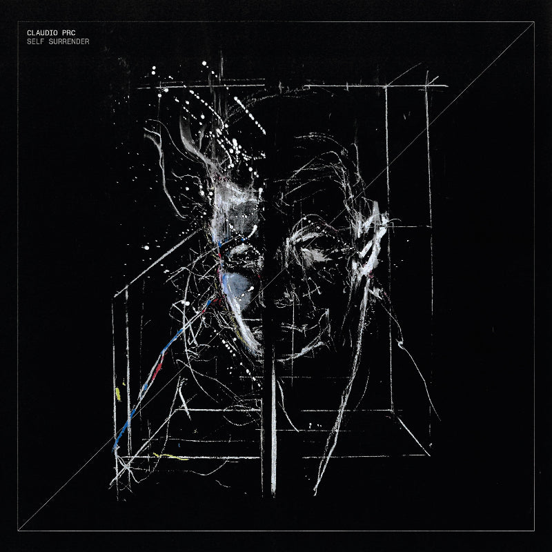 Black and white abstract art with geometric lines on a black background