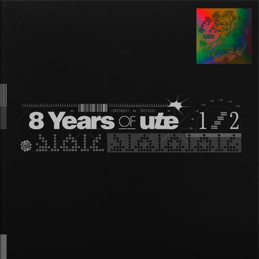 Album cover with '8 Years of Ute' text and colorful square in top right corner on black background