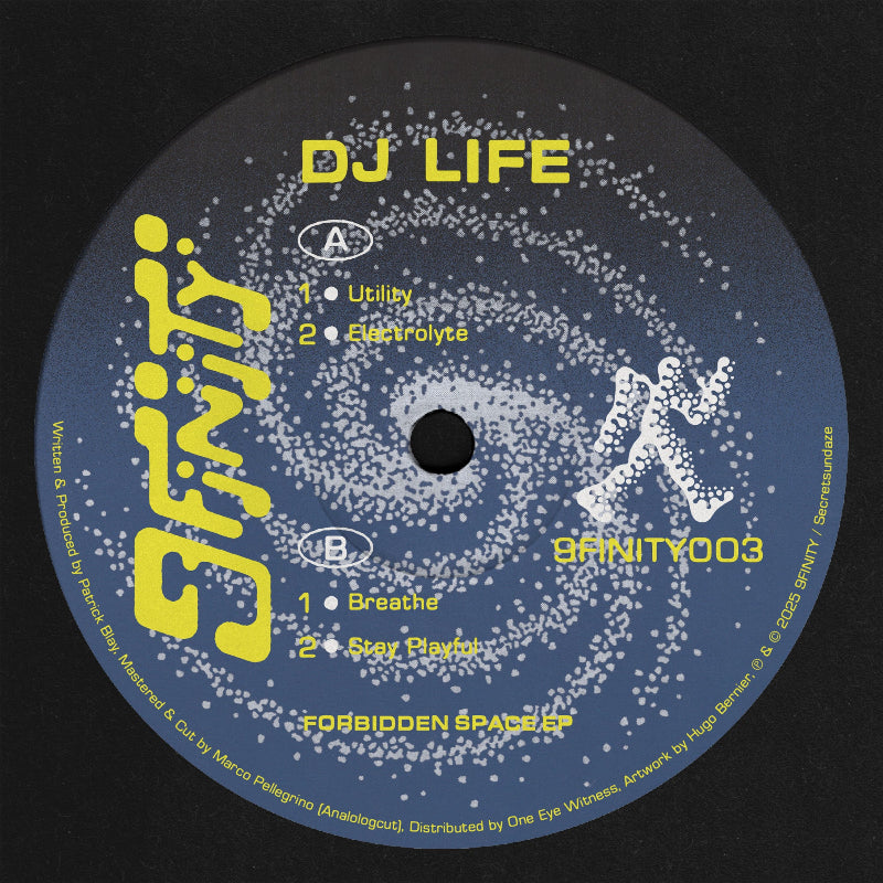 Vinyl record label with 'DJ LIFE' and 'GRAVITY' branding on a black background