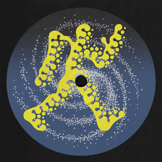 Circular design with yellow abstract shapes on a blue background