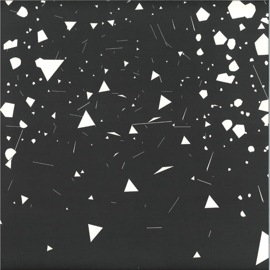 Black surface with white geometric shapes scattered across it