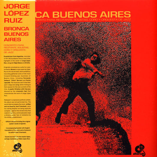Album cover with a silhouette of a person playing an instrument on a red background, featuring text about Jorge Lopez Ruiz and Bronca Buenos Aires.