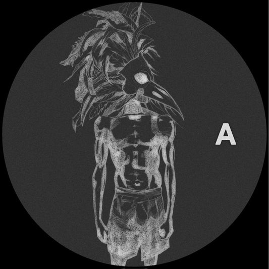 Black and white illustration of a figure with a headdress on a dark background