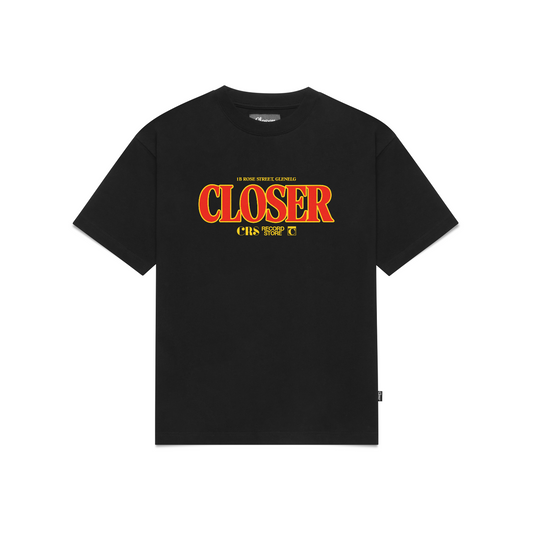 Black t-shirt with 'CLOSER' text in red and yellow on a white background