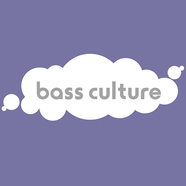 White 'bass culture' text in a cloud shape on a purple background