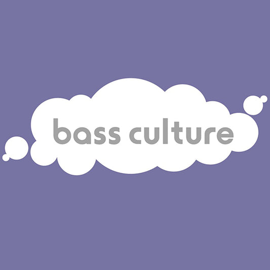 White 'bass culture' text in a cloud shape on a purple background