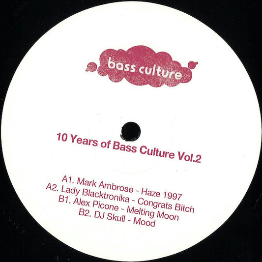 Disc label for '10 Years of Bass Culture Vol.2' with tracklist on a white background