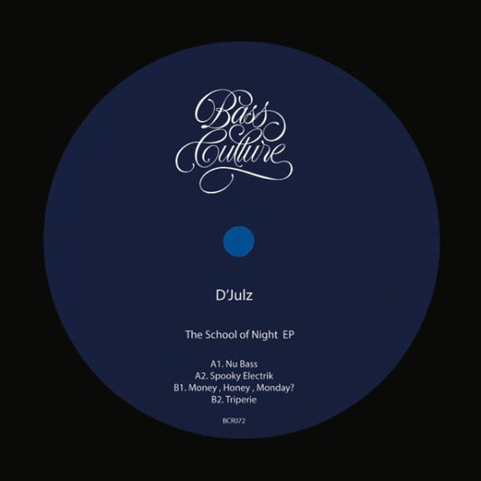 Vinyl record label with 'Bass Culture' branding and tracklist on a dark blue background