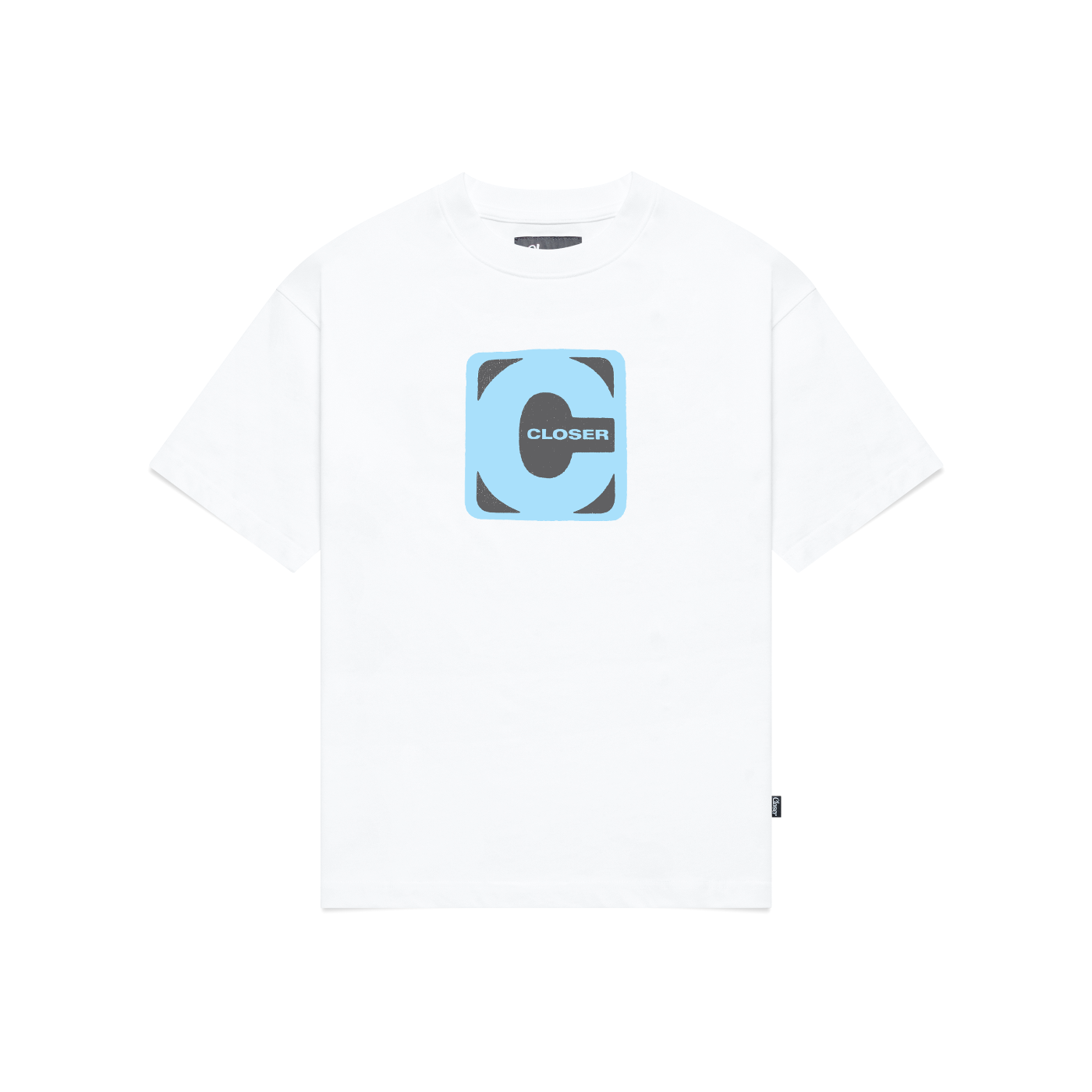 White t-shirt with a blue and grey logo on a white background