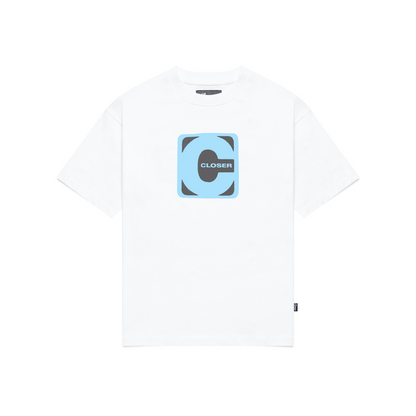 White t-shirt with a blue and grey logo on a white background