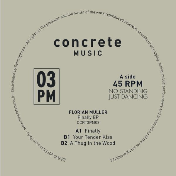 Album cover with text 'concrete MUSIC' and track details on a beige background