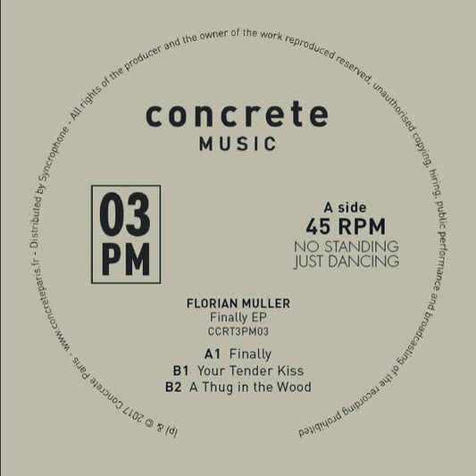 Album cover with text 'concrete MUSIC' and track details on a beige background