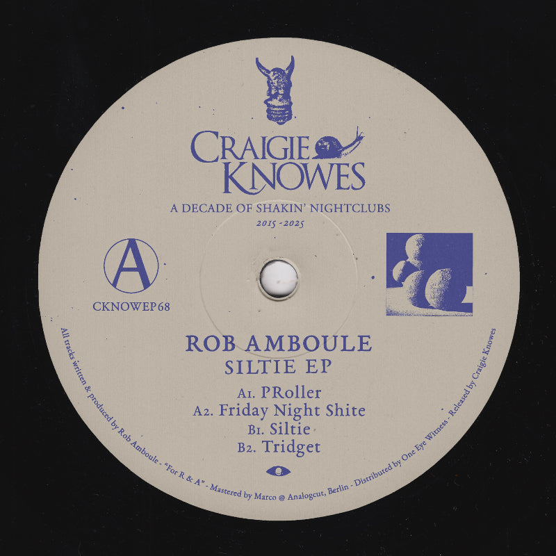 Record label for Rob Amboule's 'Siltie EP' by Craigie Knowes on a beige background
