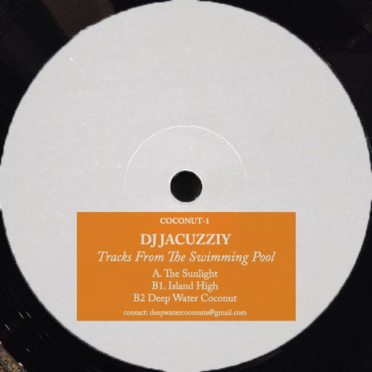 Vinyl record label with orange text on a white background