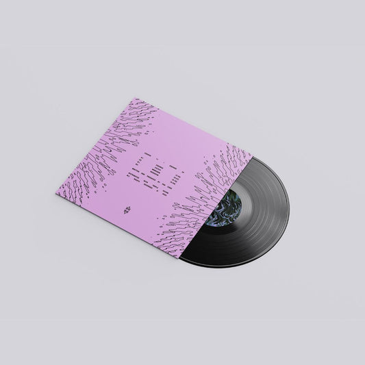 Vinyl record with a pink cover on a light gray background