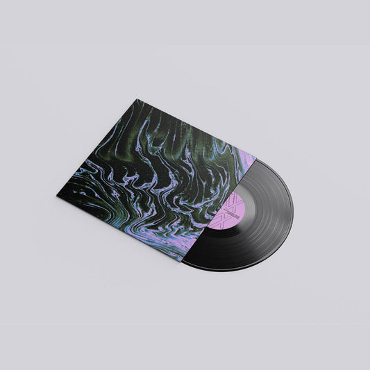 Vinyl record with a colorful marbled cover on a light gray background