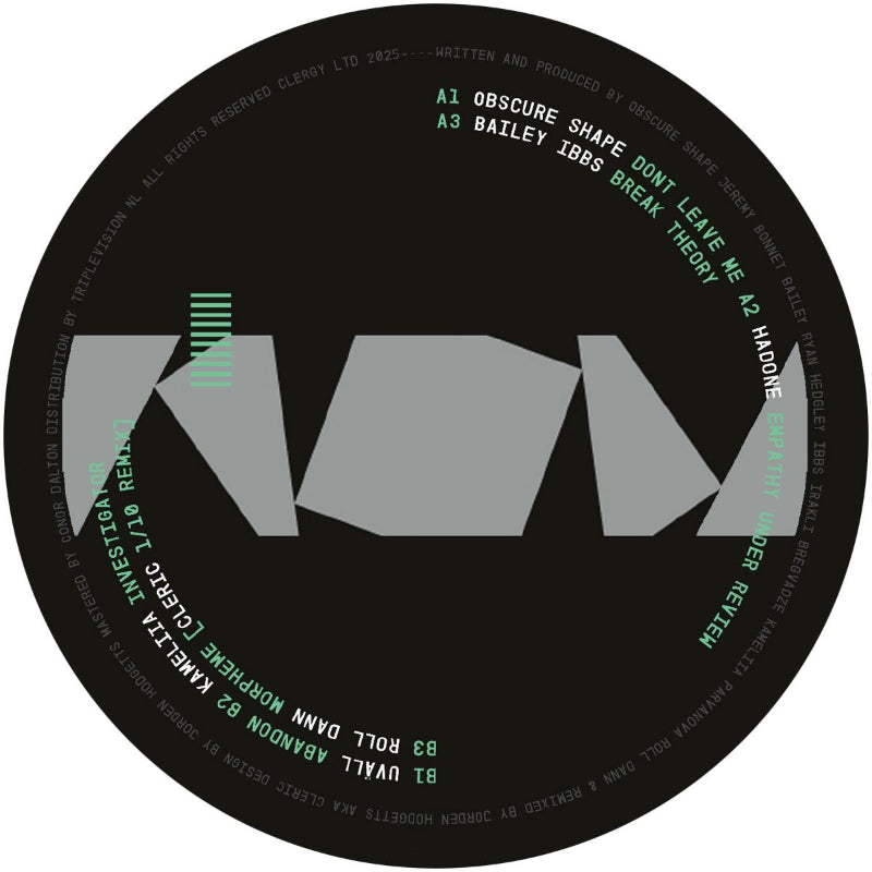Vinyl record label with geometric design and text on a black background