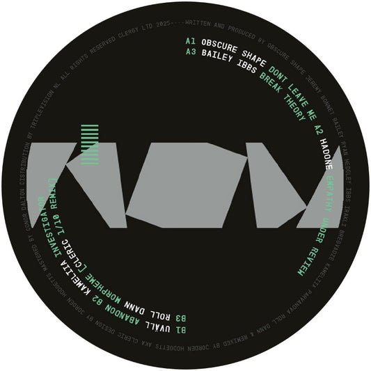 Vinyl record label with geometric design and text on a black background