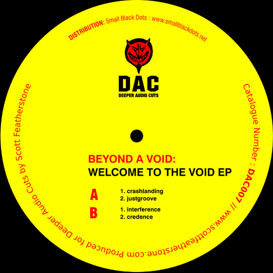 Vinyl record label with yellow background, red text, and black text for 'Deeper Audio Cuts' brand.