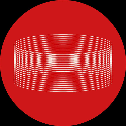 White concentric circular pattern on a red circle with a black background