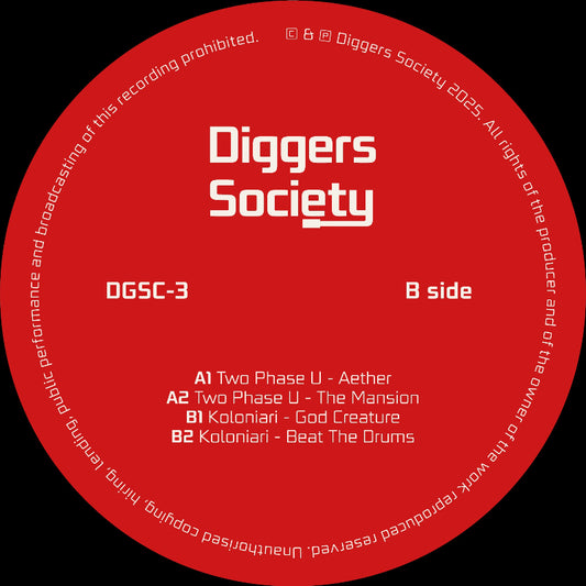 Red record label with 'Diggers Society' branding and tracklist on a black background