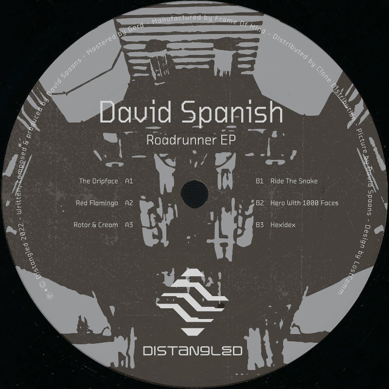 Cover of David Spanish's Roadrunner EP 12" vinyl reissue on Distangled label