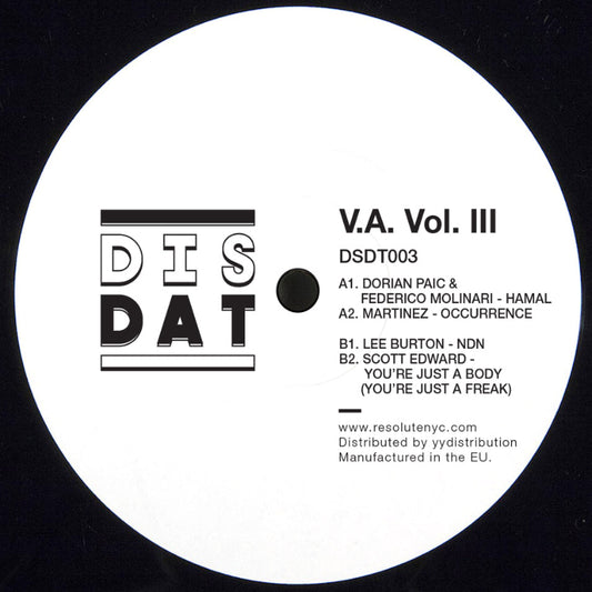 Vinyl record label with 'DIS DAT' branding and tracklist on a white circle against a black background