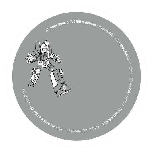 Round label with robot illustration and text on a gray background