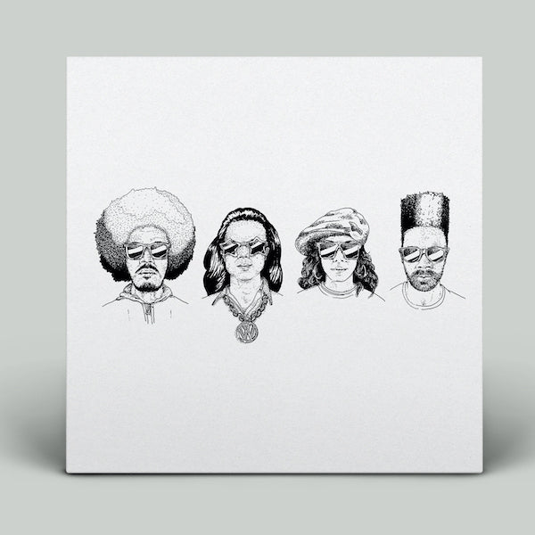 Black and white illustration of four people on a white background