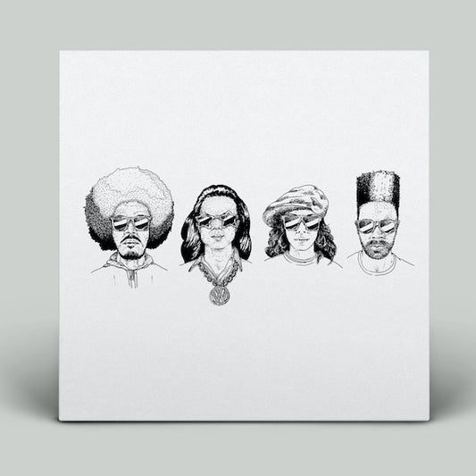 Black and white illustration of four people on a white background