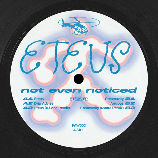 Vinyl record label with 'Eteus' branding and track information on a black background