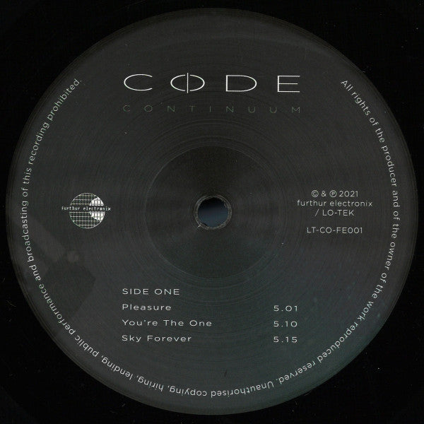 Vinyl record label for 'Code - Continuum' by Furthur Electronix, featuring tracklist and barcode.