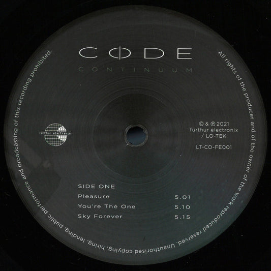 Vinyl record label for 'Code - Continuum' by Furthur Electronix, featuring tracklist and barcode.