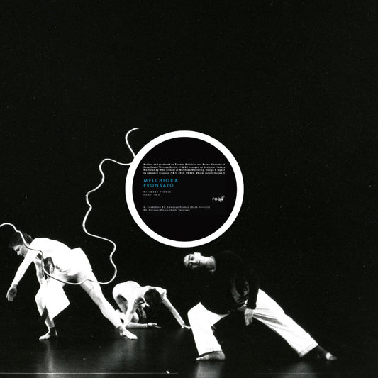 Black and white image of dancers with a circular design and text overlay on a dark background