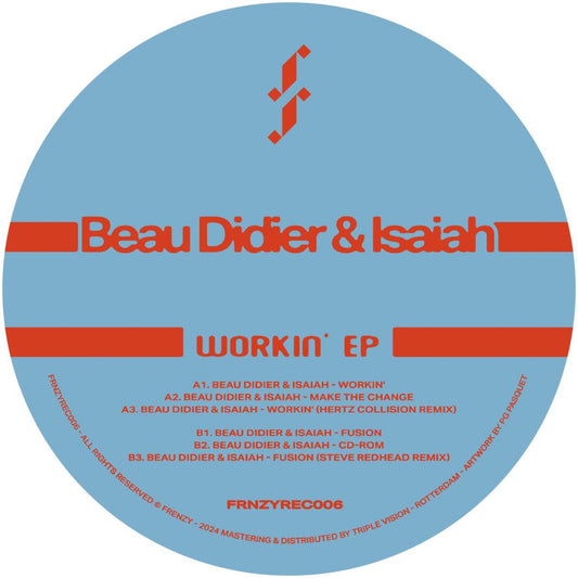 Beau Didier & Isaiah Workin' EP vinyl record cover. A minimalist design with the artists' names and album title in red text on a light blue background. The record label information is displayed in smaller text