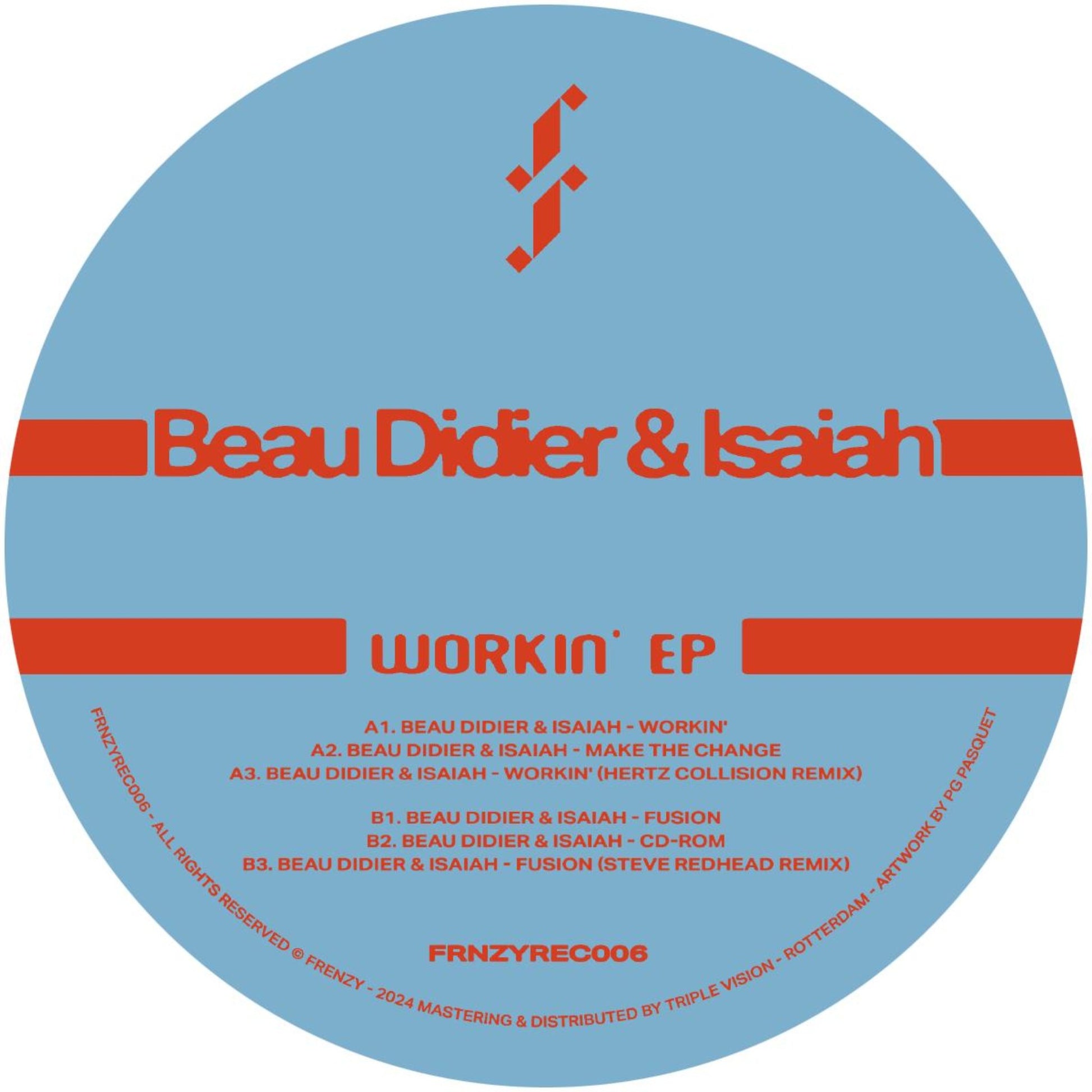 Beau Didier & Isaiah Workin' EP vinyl record cover. A minimalist design with the artists' names and album title in red text on a light blue background. The record label information is displayed in smaller text 