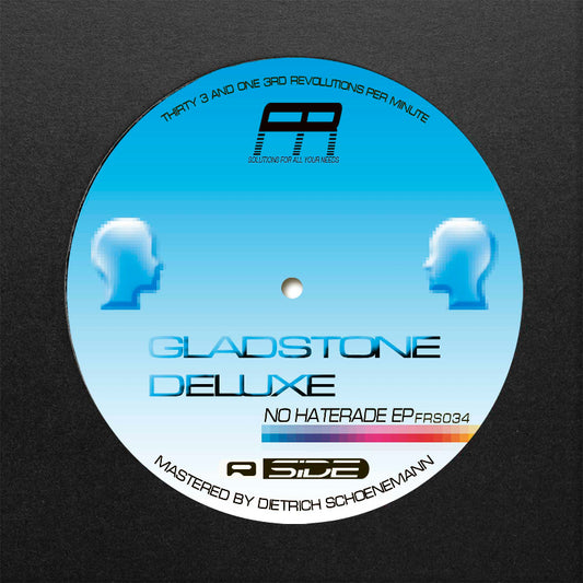 Vinyl record label with text and logo on a black background